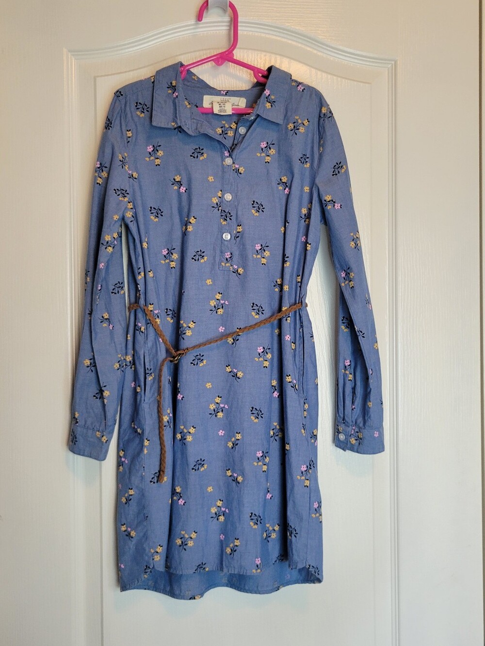 L.O.G.G. H&M Blue Floral Button-Up Long Sleeve Shirt Dress with Belt Girls 9-10Y